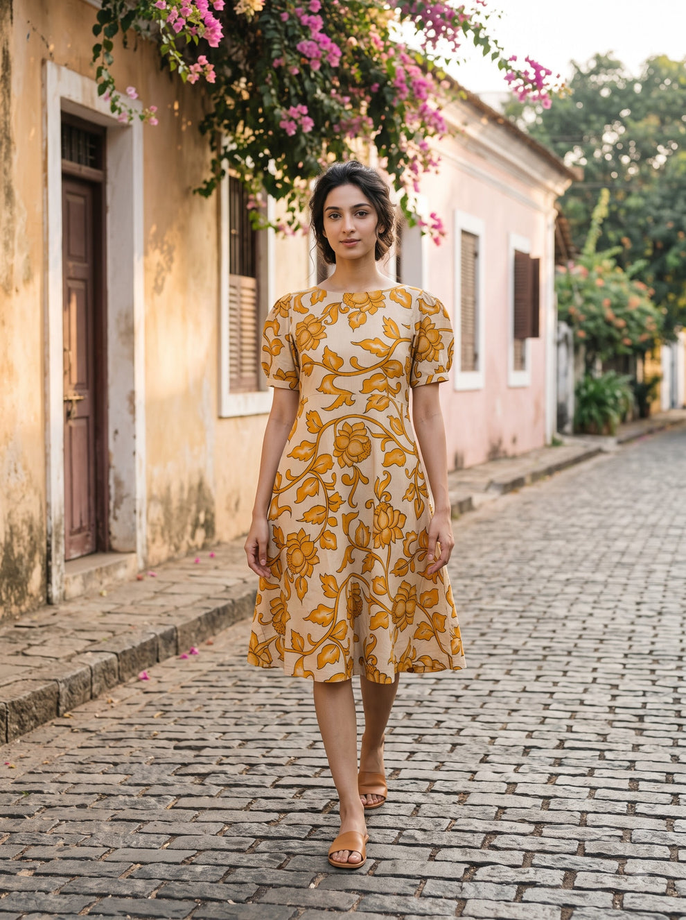 Mustard Yellow Boat Neck Collar Hand Block Print 100% Fine Cotton Shor ...
